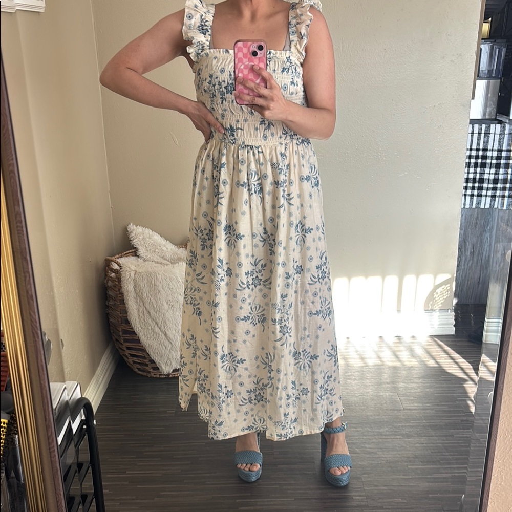 Floral square neckline ruffle sleeve smocked bodice tiered Double slit MaxiDress
